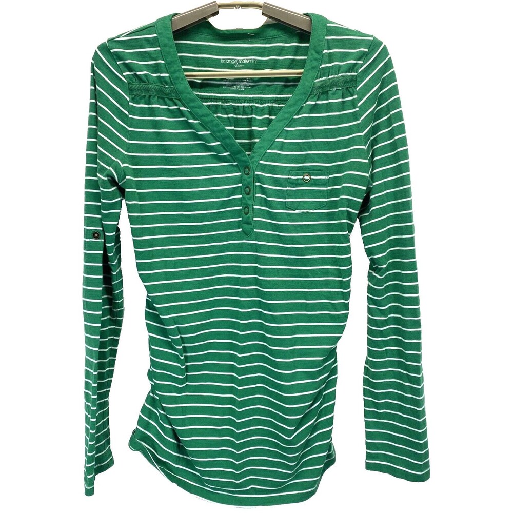 Liz Lange Maternity Women S Top Green Stripe Long Sleeve Round Neck Ruched Sides